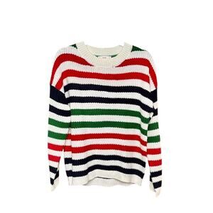 Mine Striped Knit Sweater Sz M White Red Green Crew Neck Long Sleeve Pullover